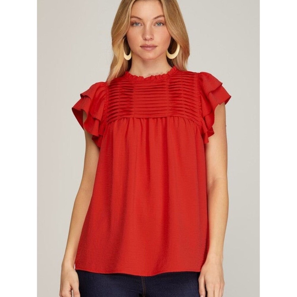 She + Sky Red Pintuck Pleated Flutter Sleeve Blouse Top Small Ruffle Neck Boho
